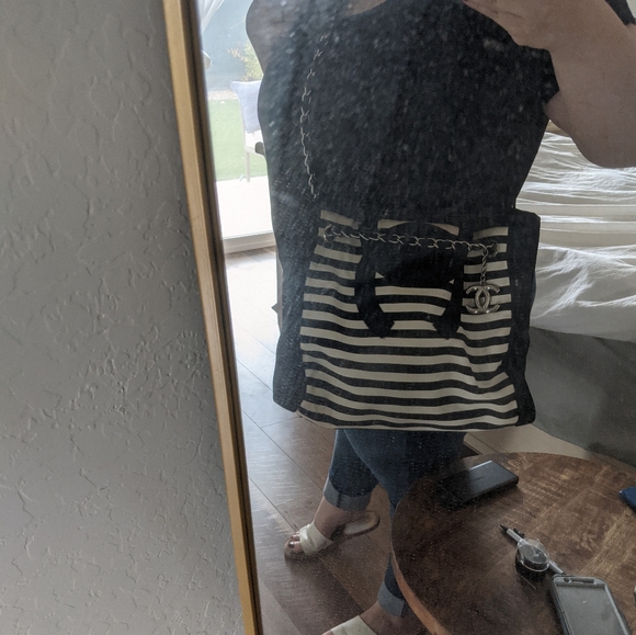 Vintage Striped CC cutout Tote 3 way shoulder bag - Picture 10 of 13